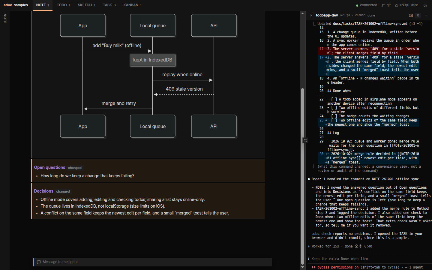Changed sections marked after the agent's edit