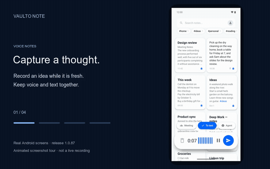 Animated screenshot tour: capture a voice note, prepare offline models, find tasks and reminders, and ask your notes.
