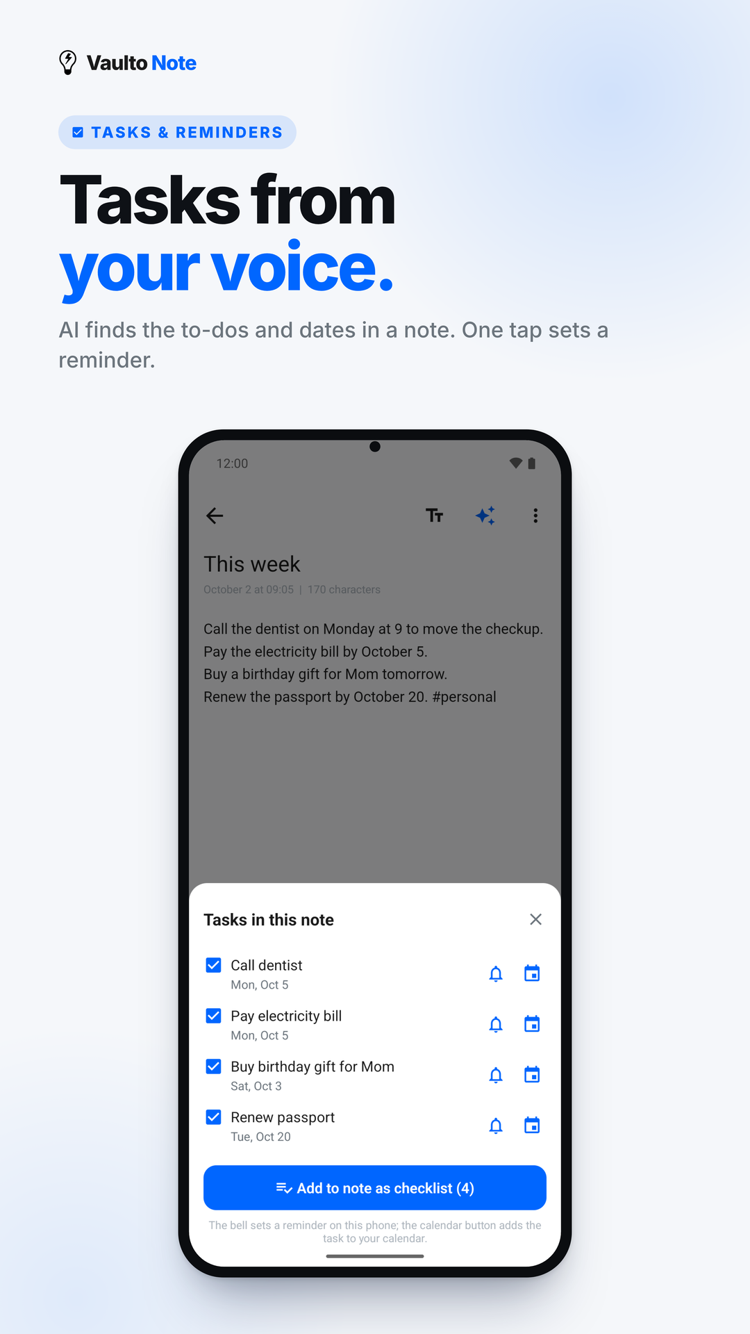 Tasks extracted from a note with reminder buttons