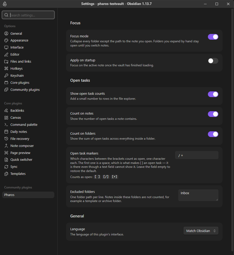 The Pharos settings tab