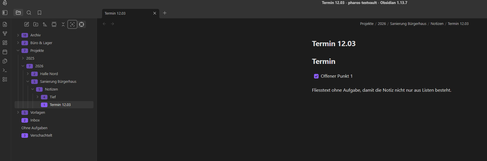 The file explorer focused on one path, with open-task counts on notes and folders
