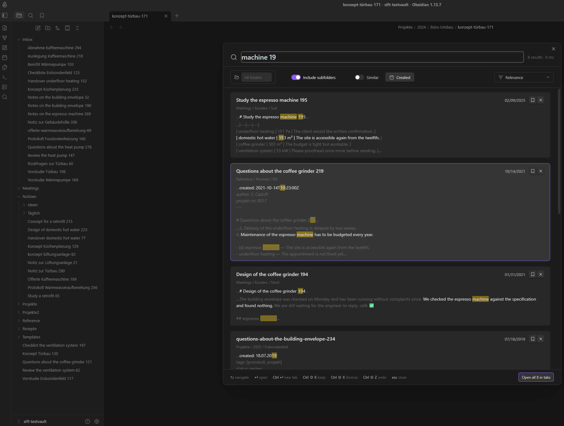Sift's search overlay in a dark theme, showing ranked results with highlighted excerpts