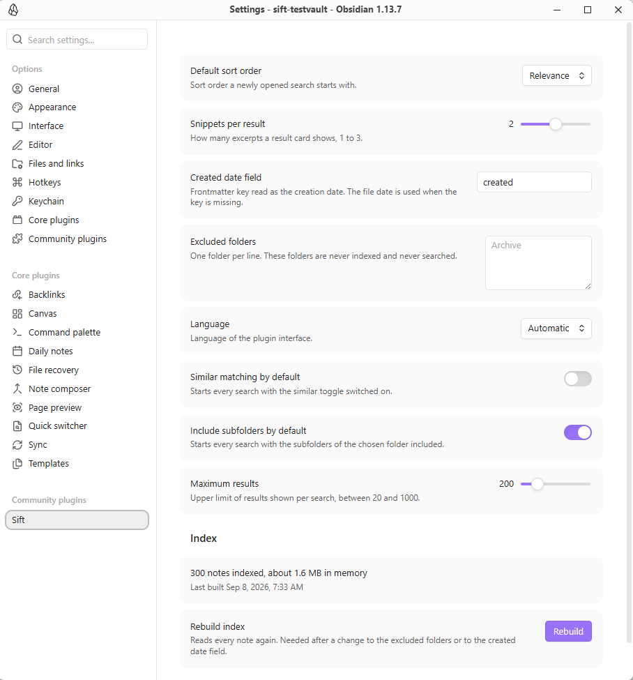 Sift's settings tab, showing the index statistics and the rebuild button