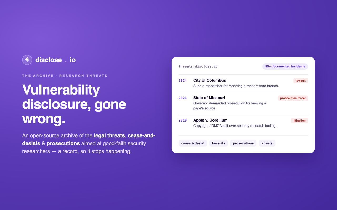 Research Threats — an open-source archive of legal threats against good-faith security researchers · disclose.io