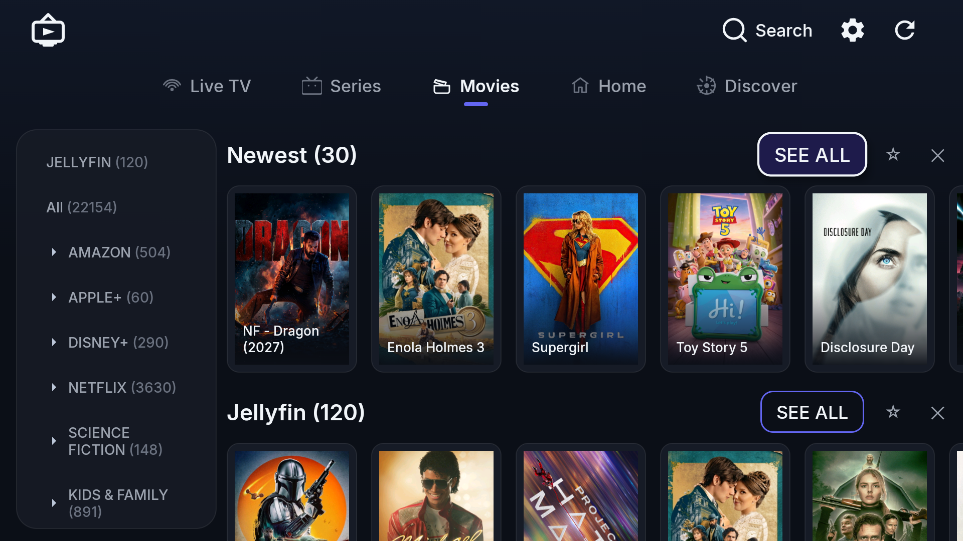 Movies library with Newest and category shelves