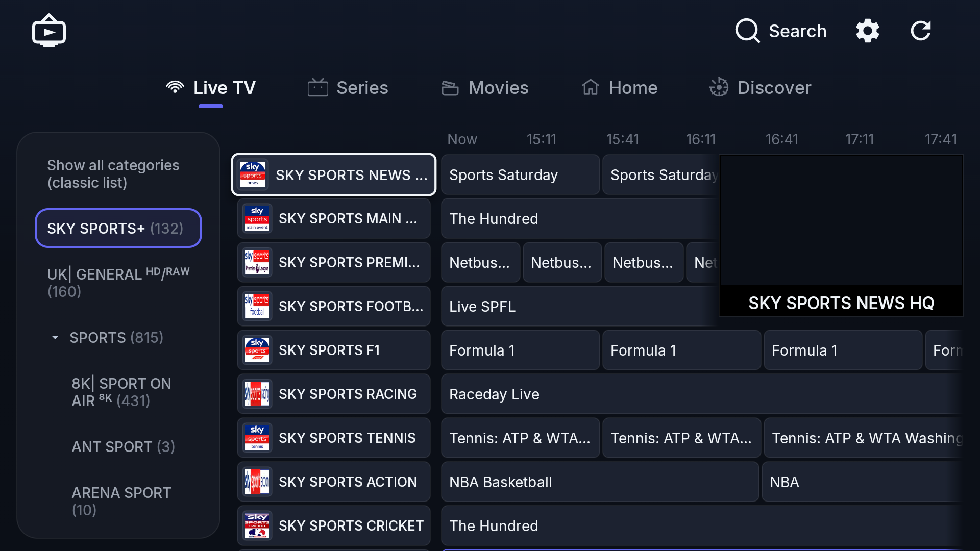 Live TV guide with EPG grid and channel preview