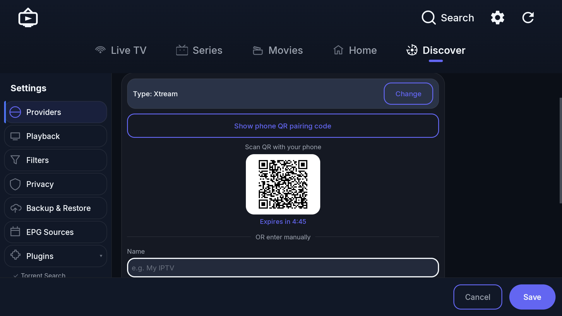 Settings screen showing QR phone-pairing flow
