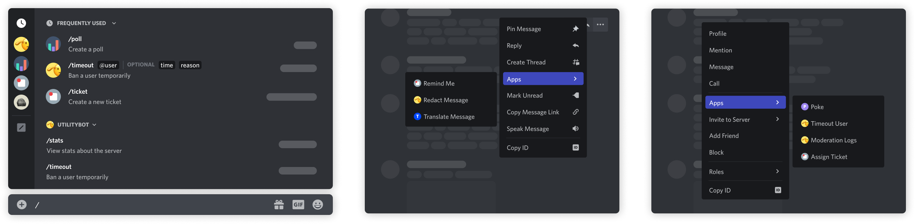 The four application command types shown in the Discord client