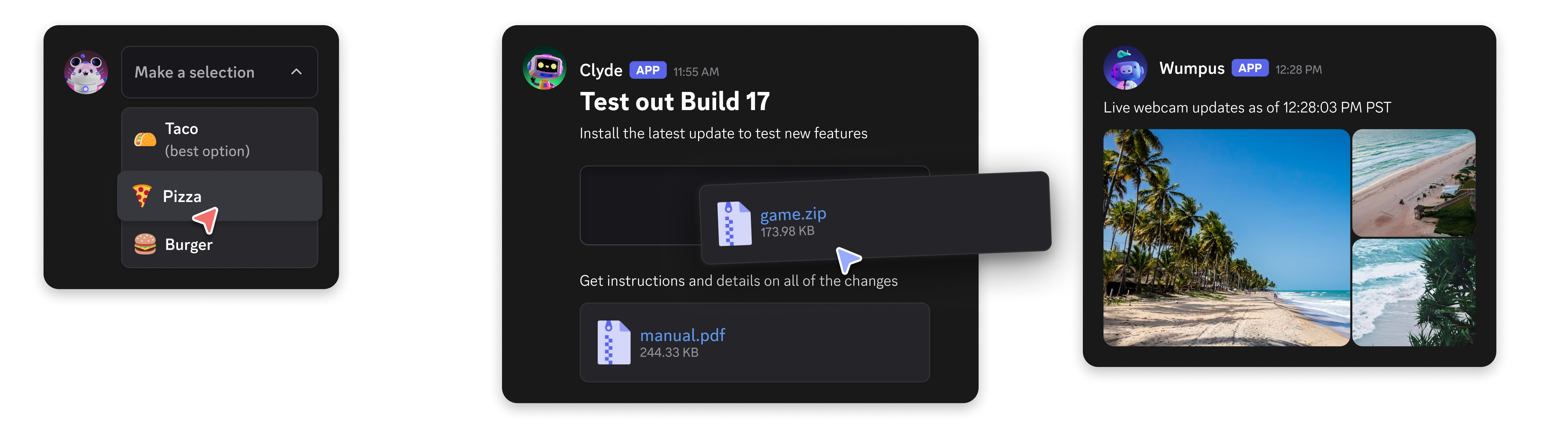 Examples of Discord component layouts in messages