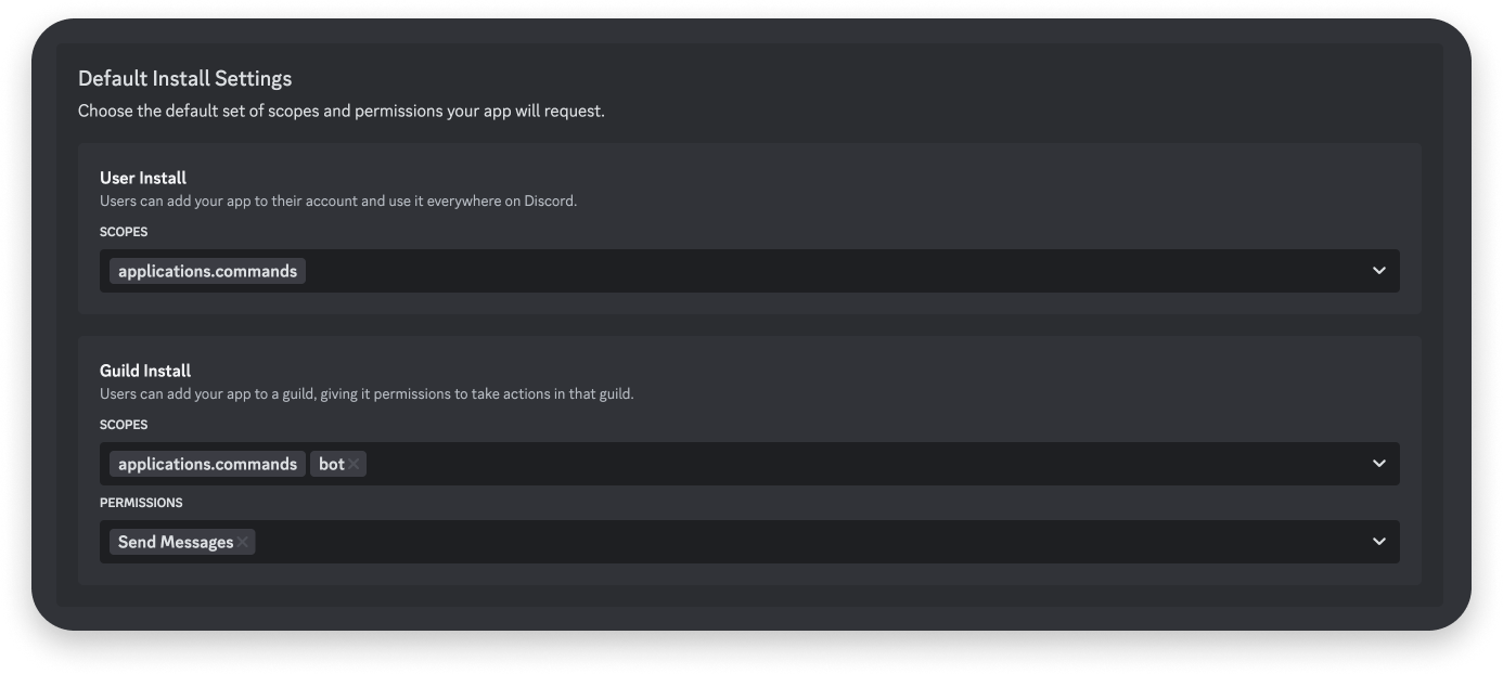 The default install settings for a Discord application