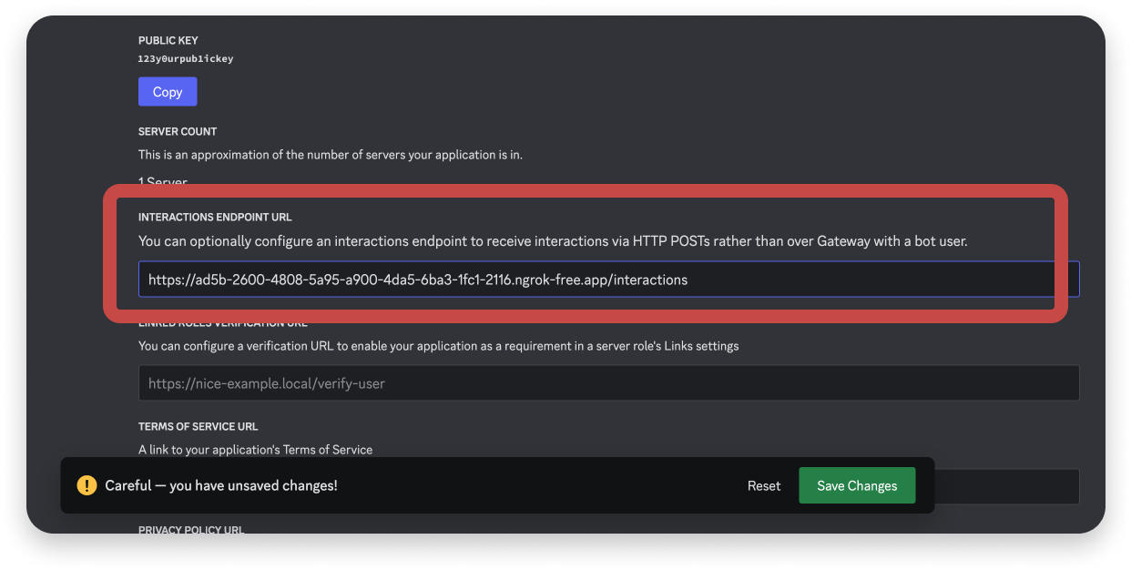 The Interactions Endpoint URL field in the Developer Portal