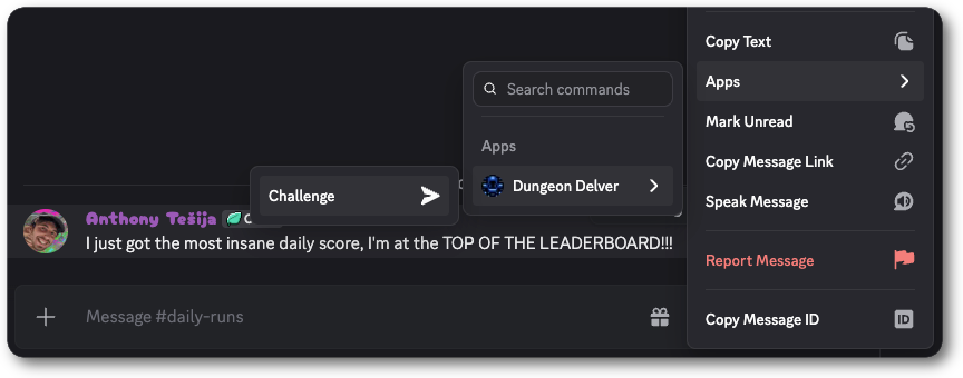 A message command in the Apps context menu