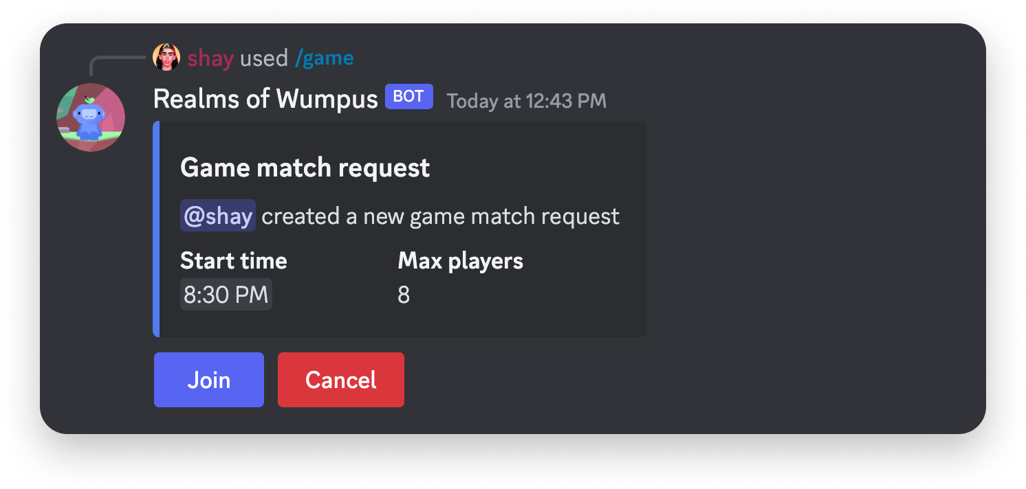 Buttons attached to a message in the Discord client