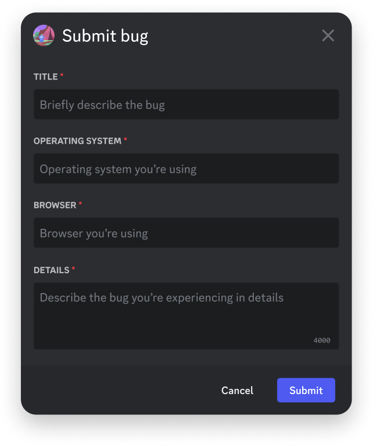 A modal form open in the Discord client
