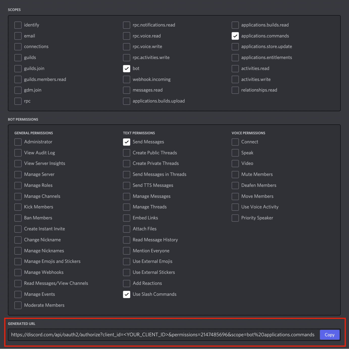 The OAuth2 URL generator in the Developer Portal