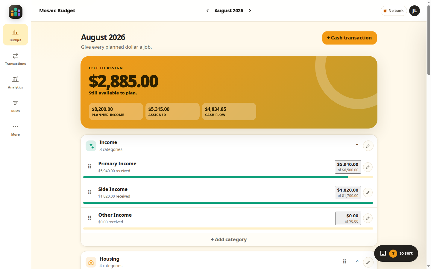 Mosaic Budget desktop view showing a monthly zero-based budget, income, expense categories, and the amount left to assign
