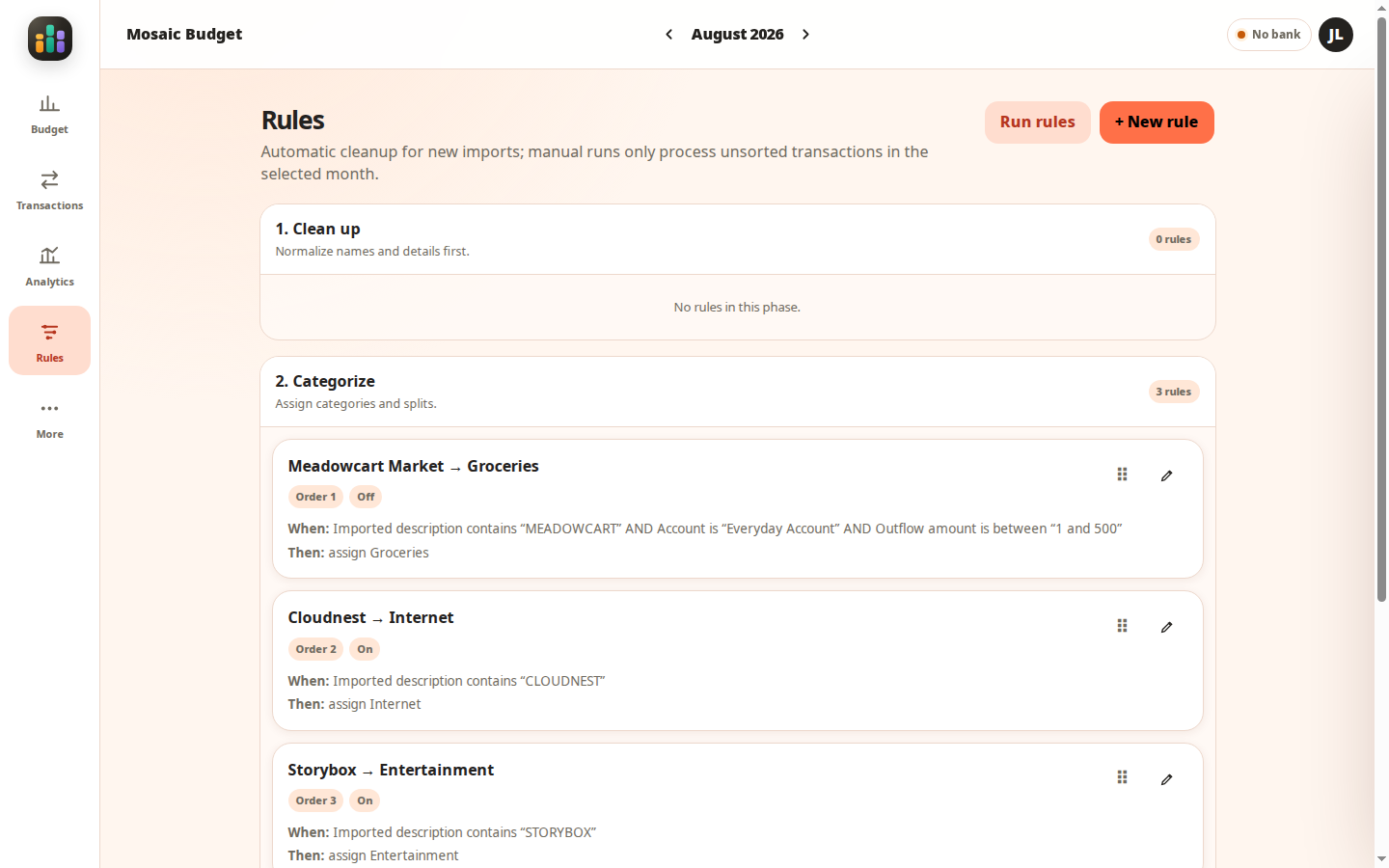 Mosaic Budget automation rules arranged in cleanup, categorization, and finishing phases