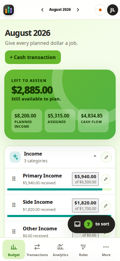 Mosaic Budget monthly budget displayed on a phone