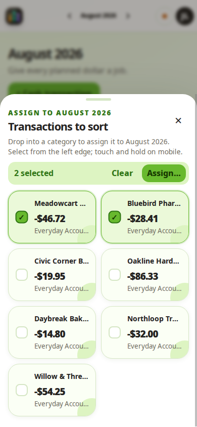 Mosaic Budget transaction sorting tray displayed on a phone