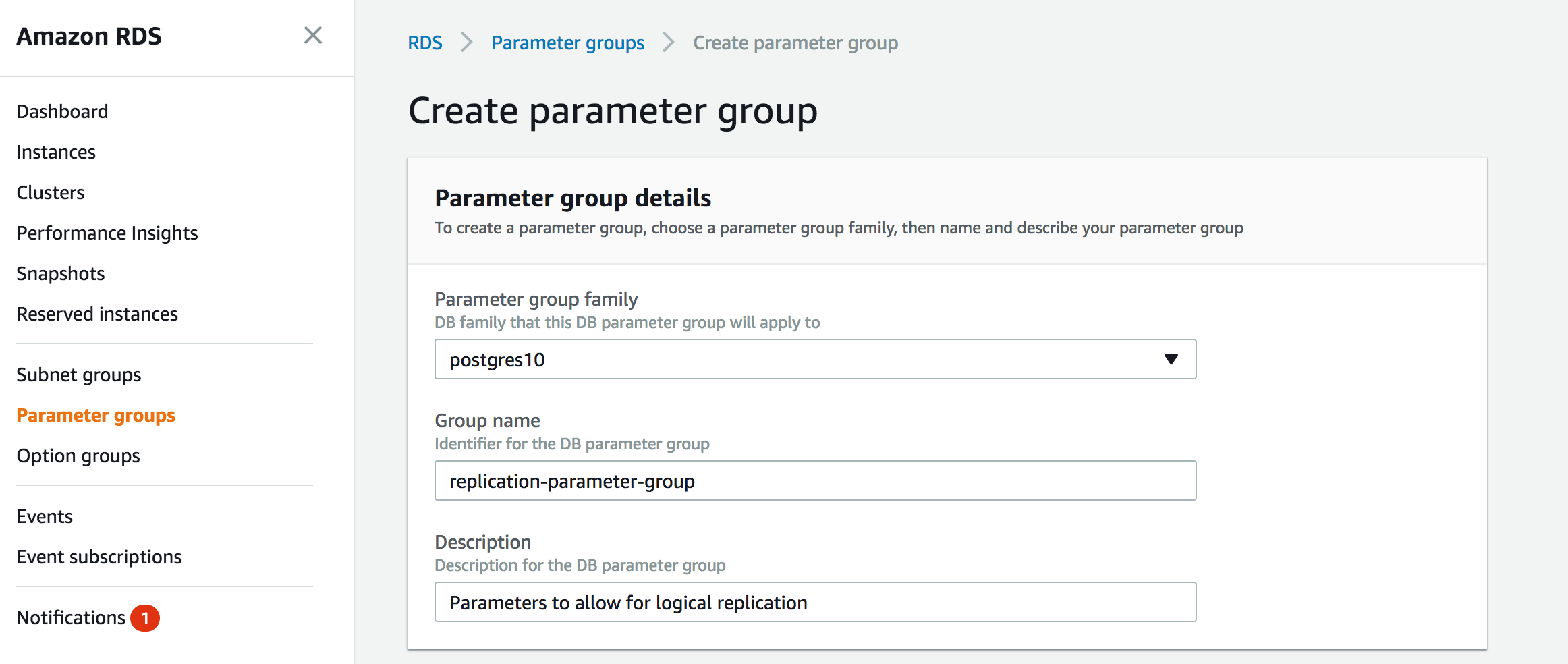 Create Parameter Group