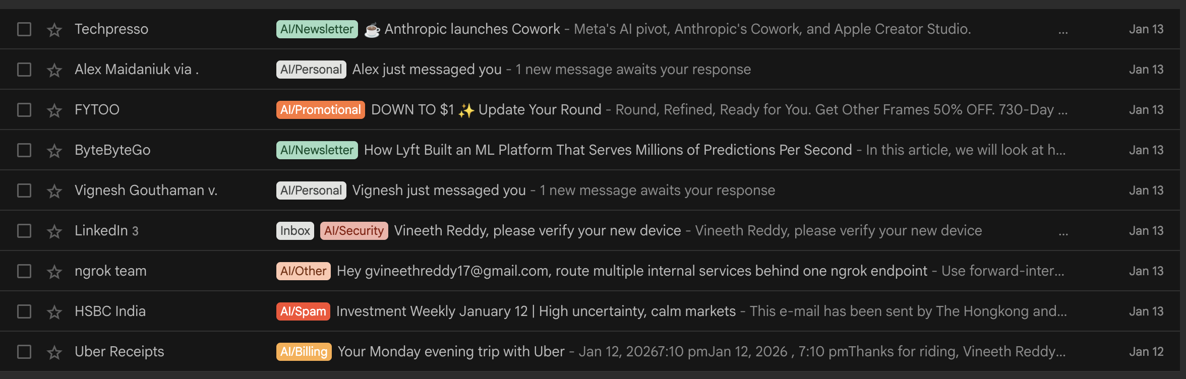 Email classification example