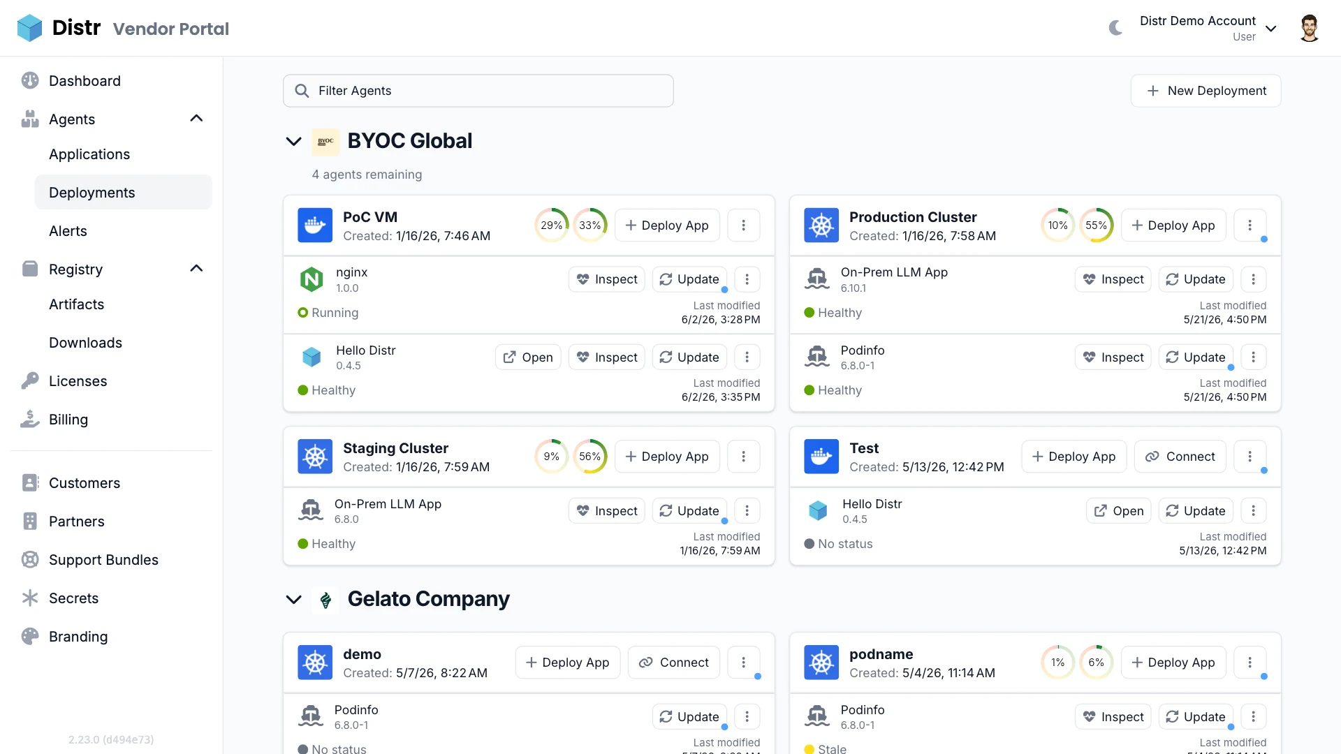 Distr deployment overview: status dashboard with logs across customer environments