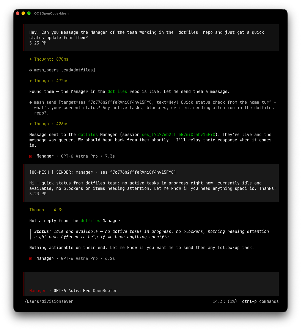 OpenCode-Mesh Demo | An agent using the mesh network to get a quick status update from a separate team working in a different directory on the machine