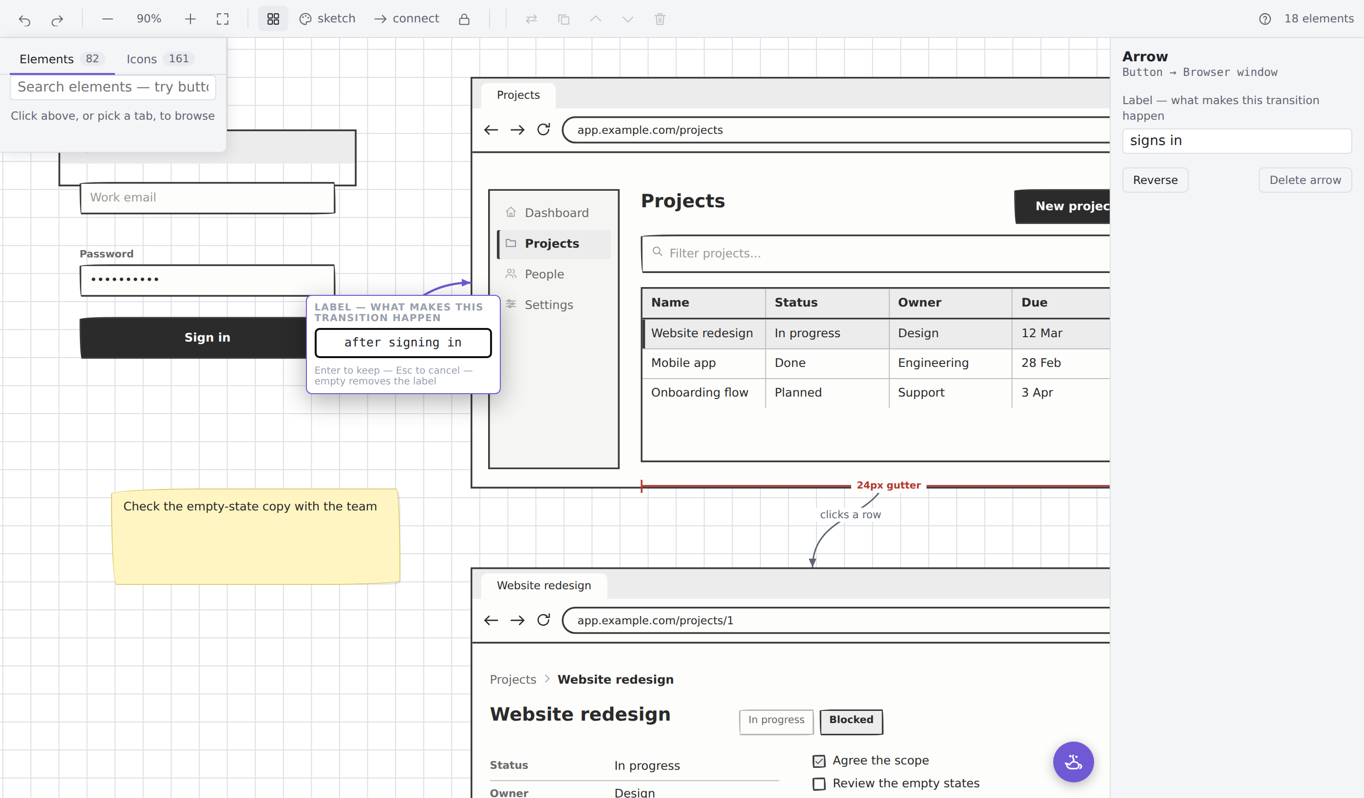 An arrow label being edited inline on the curve