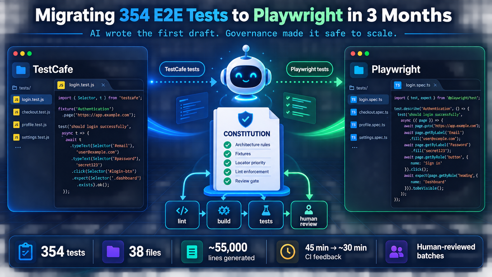 Diagram of the AI-assisted TestCafe-to-Playwright migration system