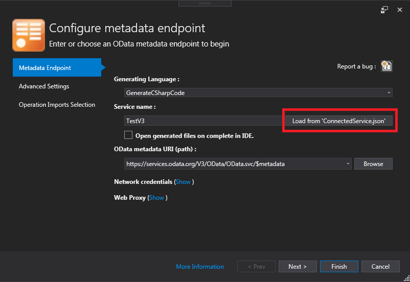 Unchase OData Connected Service Load Parameters