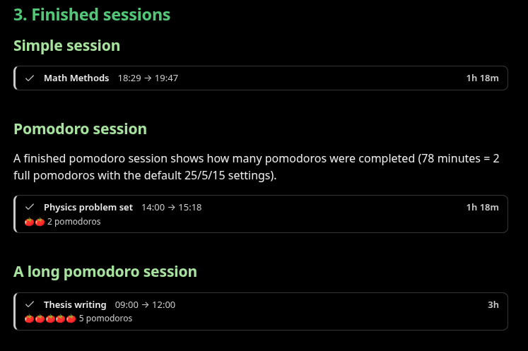 Finished sessions rendered as session bars: a simple session showing 18:29 β 19:47 and 1h 18m, and two pomodoro sessions showing their completed pomodoros