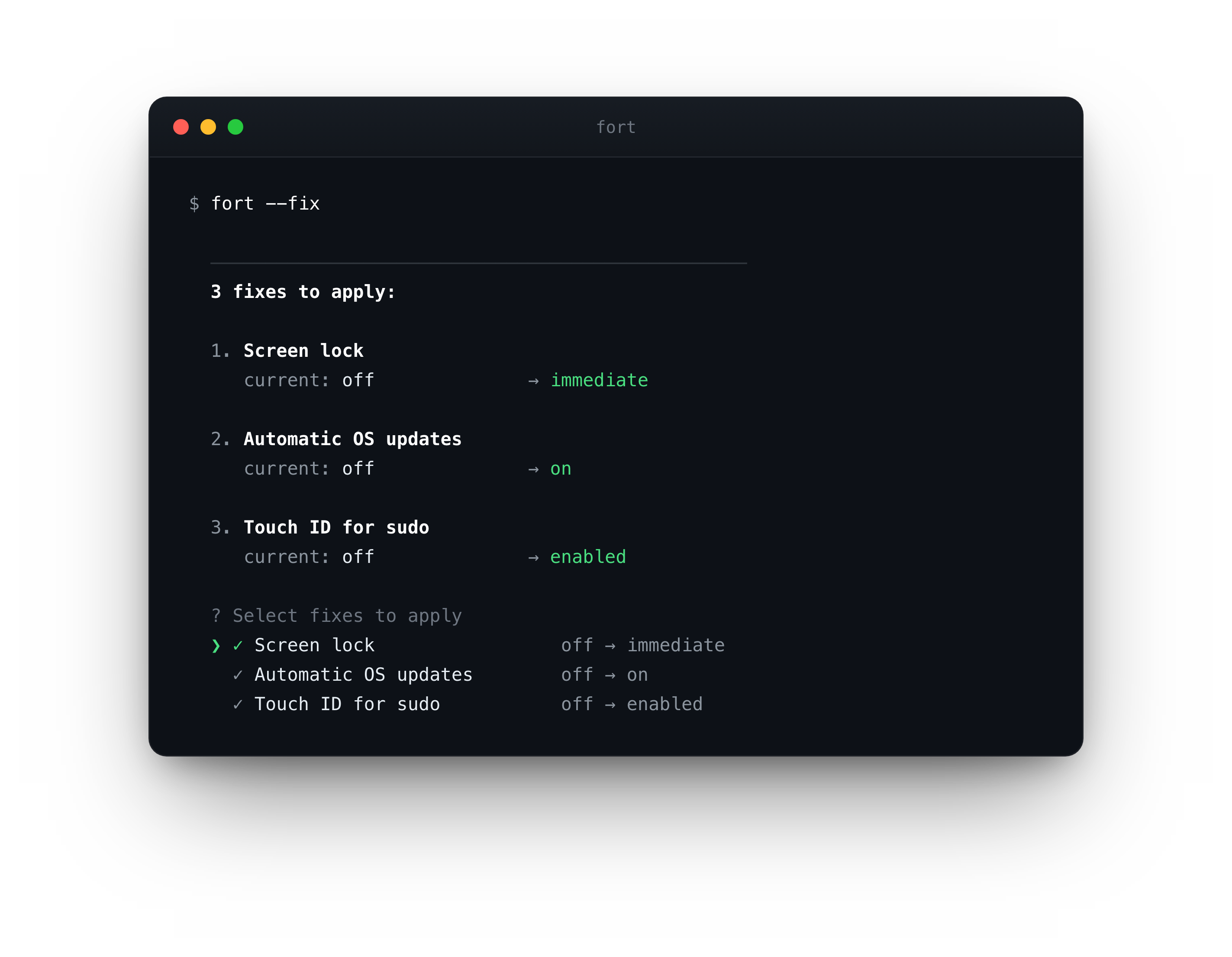 fort --fix reviews each change before applying it