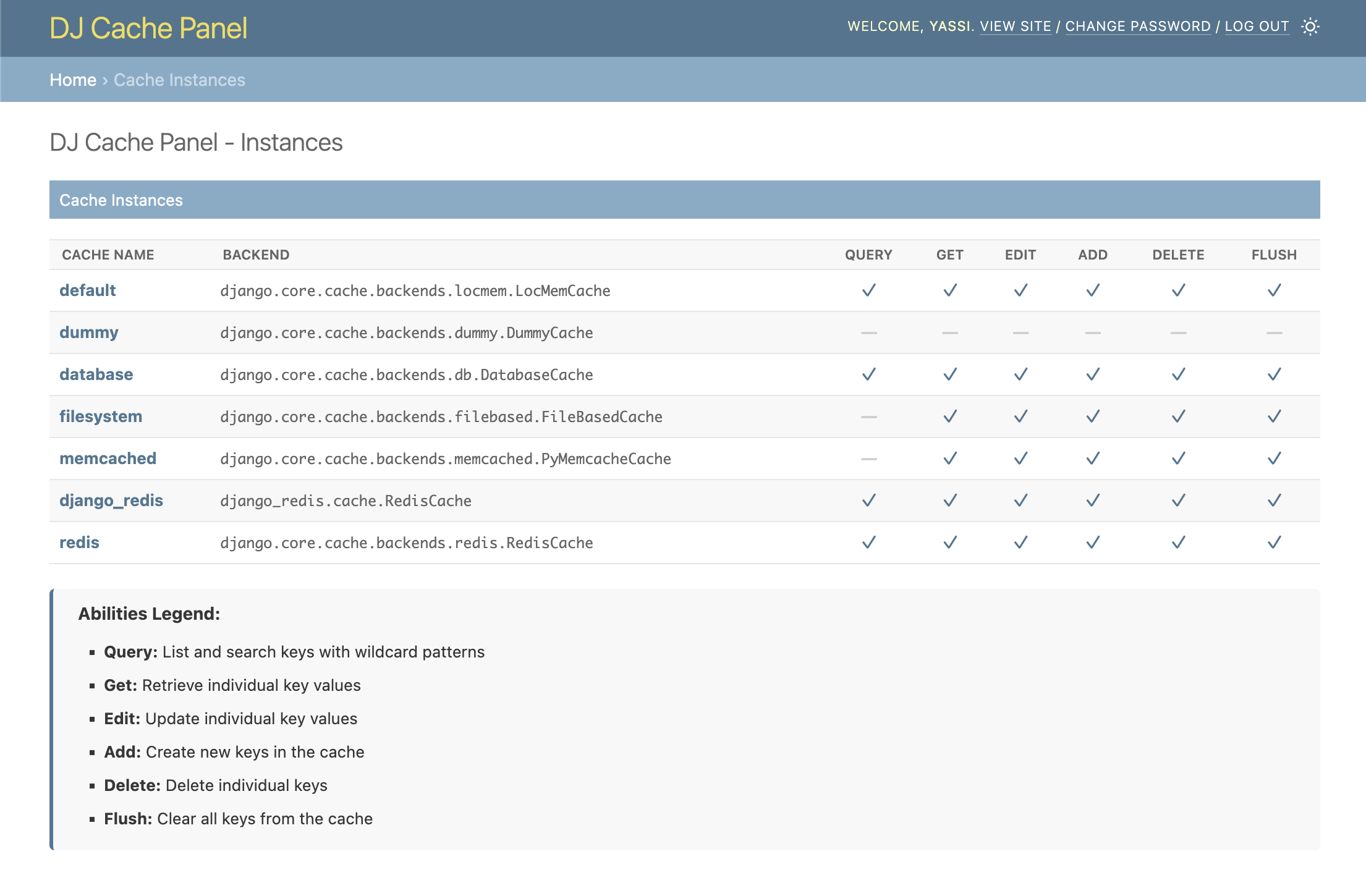 Django Cache Panel - Instance List