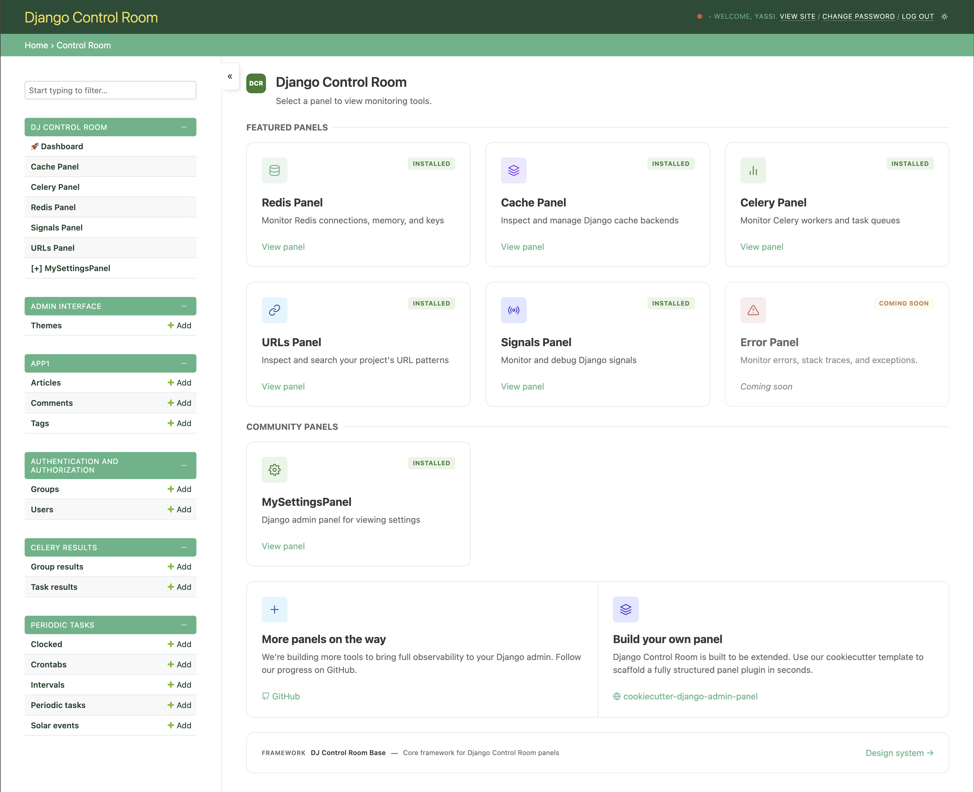Django Control Room running with the django-admin-interface admin theme