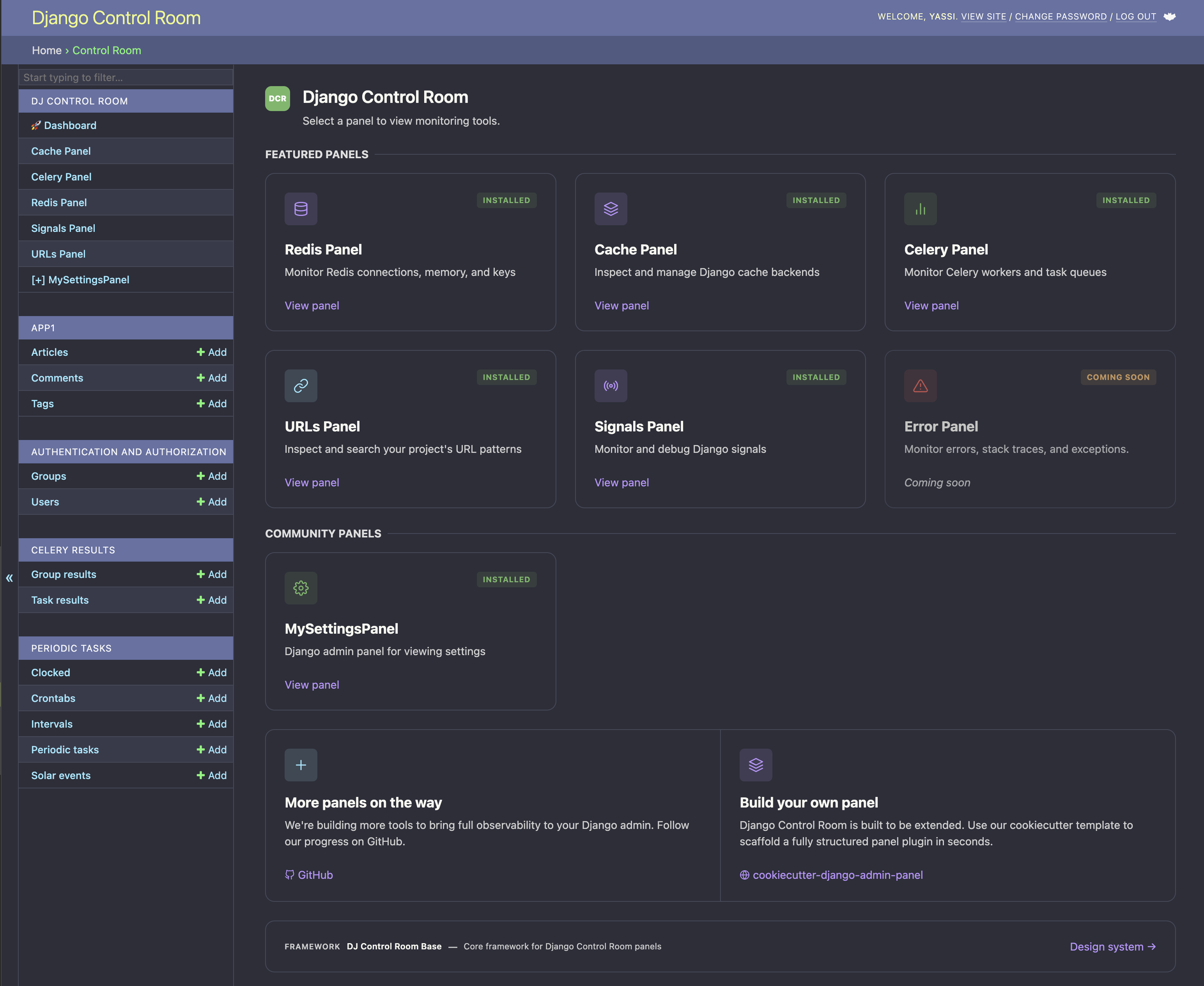 Django Control Room running with the django-admin-dracula theme