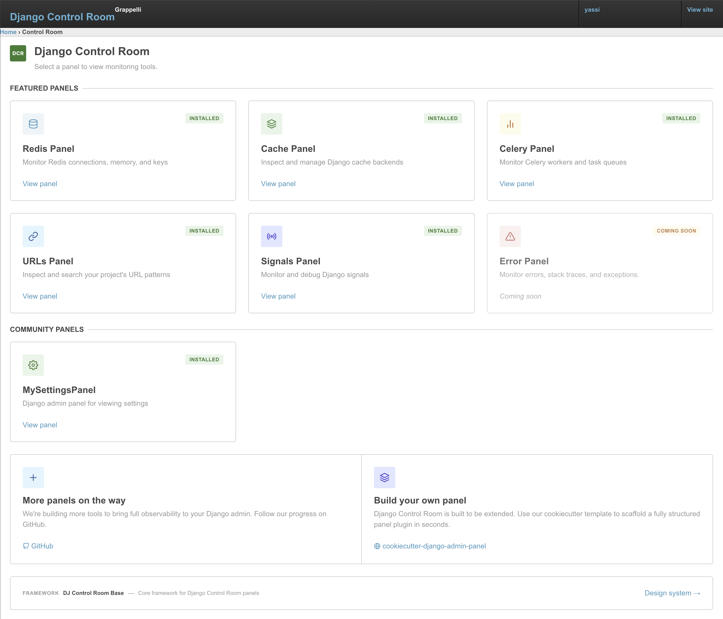 Django Control Room running with the django-grappelli admin theme