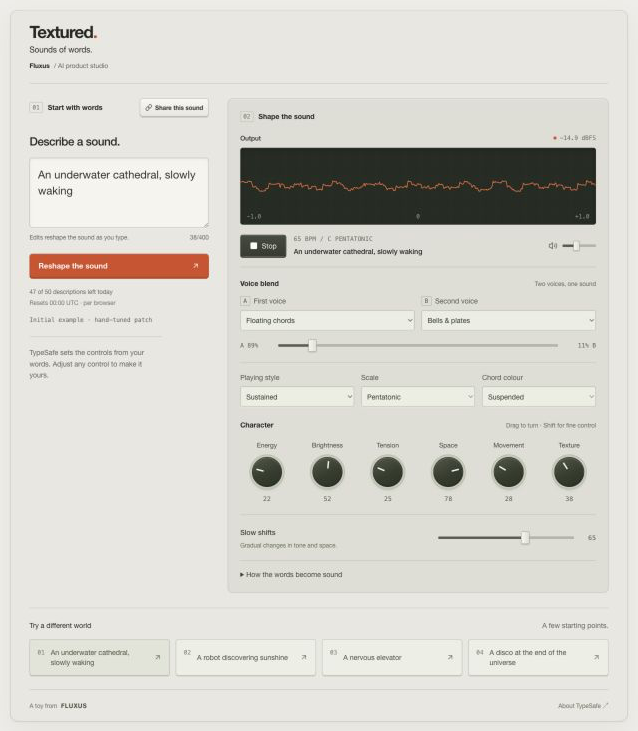 Textured playing “An underwater cathedral, slowly waking”, with a live waveform, two blended voices and six character knobs.
