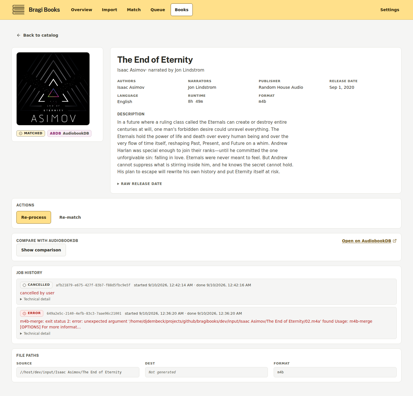 Book detail with metadata, files, and history
