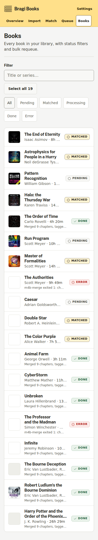 Books list on a 390px-wide phone layout