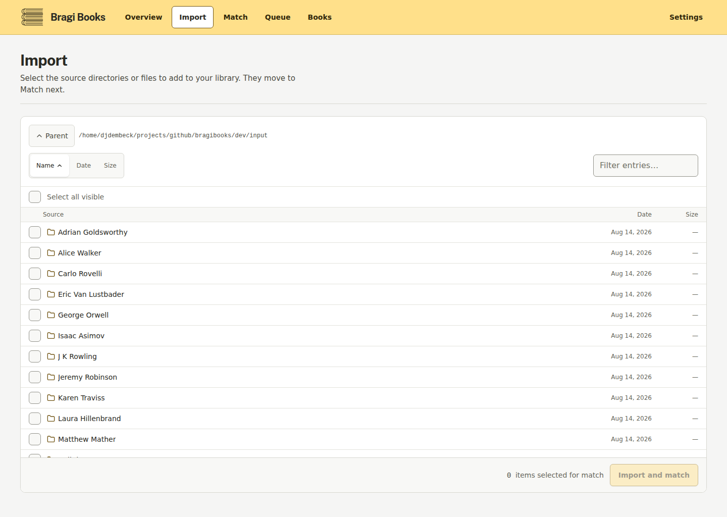Import screen: choosing folders of source audiobook files