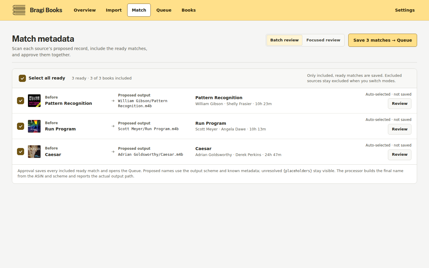 Batch match: several selected audiobooks matched against AudiobookDB results