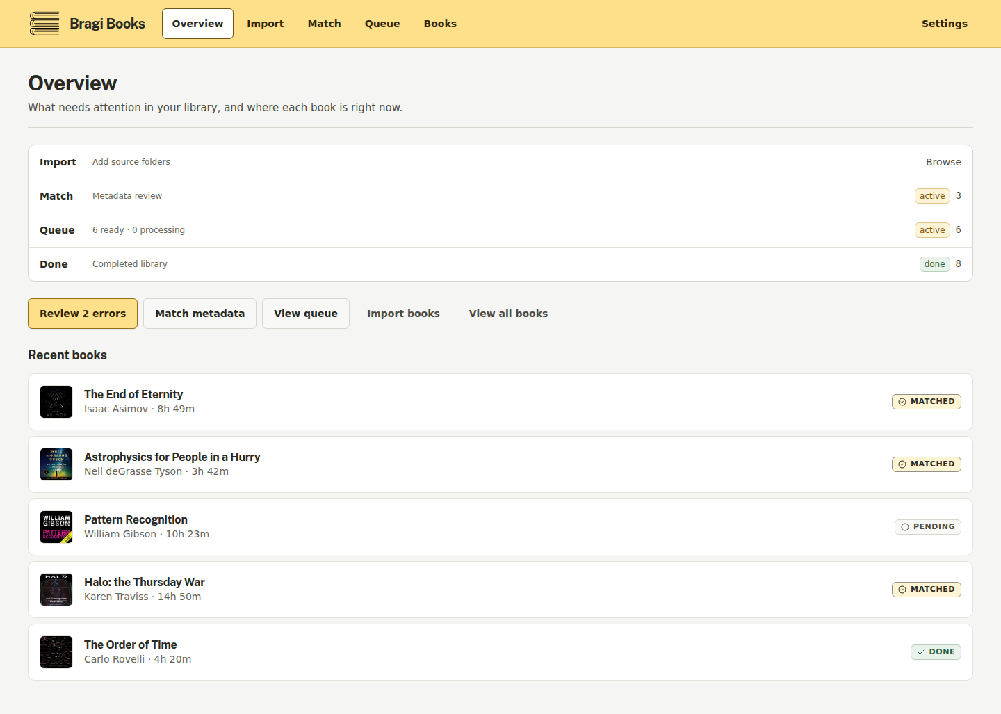 Bragibooks overview — the Record Workspace home, showing the batch and focused match modes