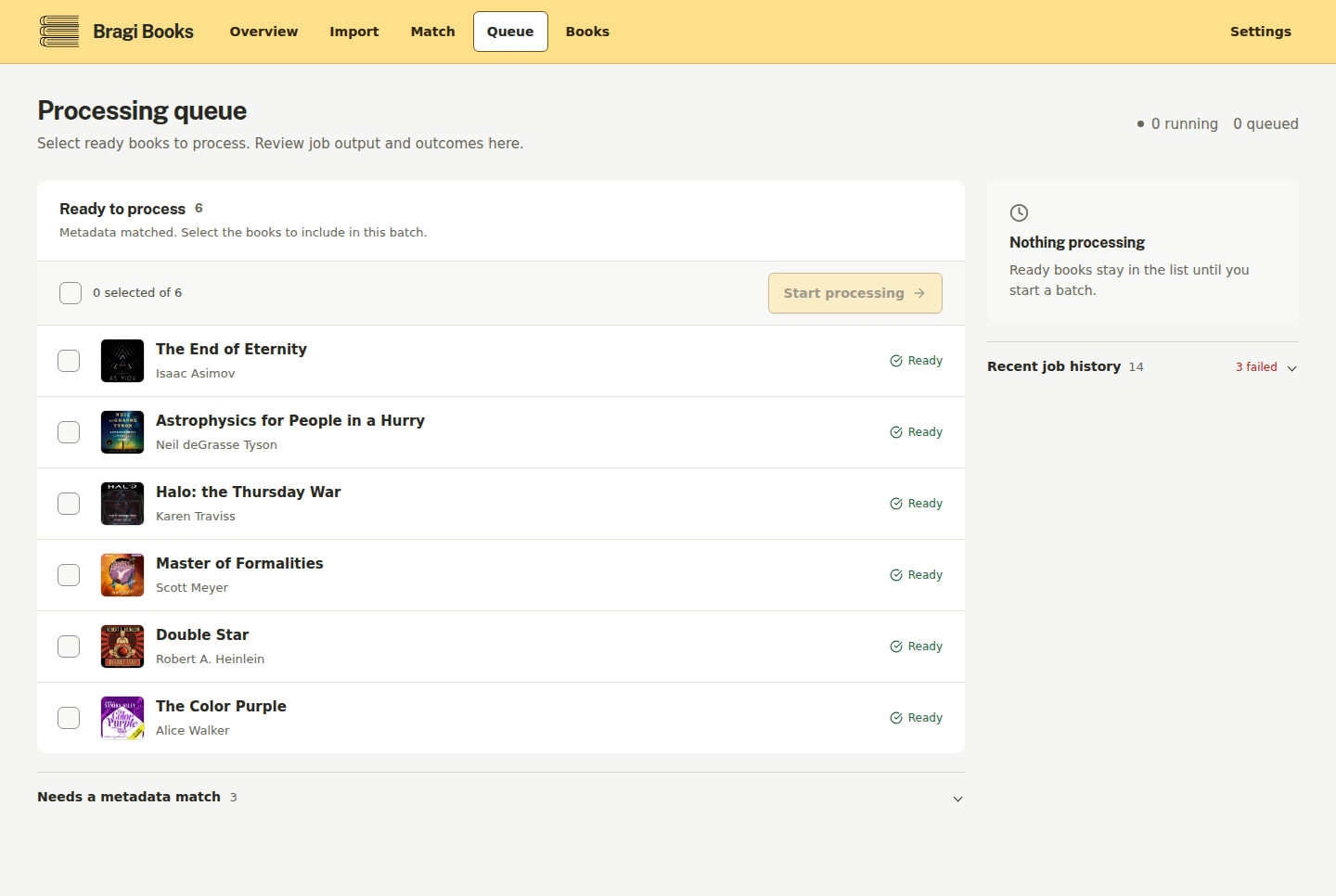 Queue screen: matched books ready to process and live job progress