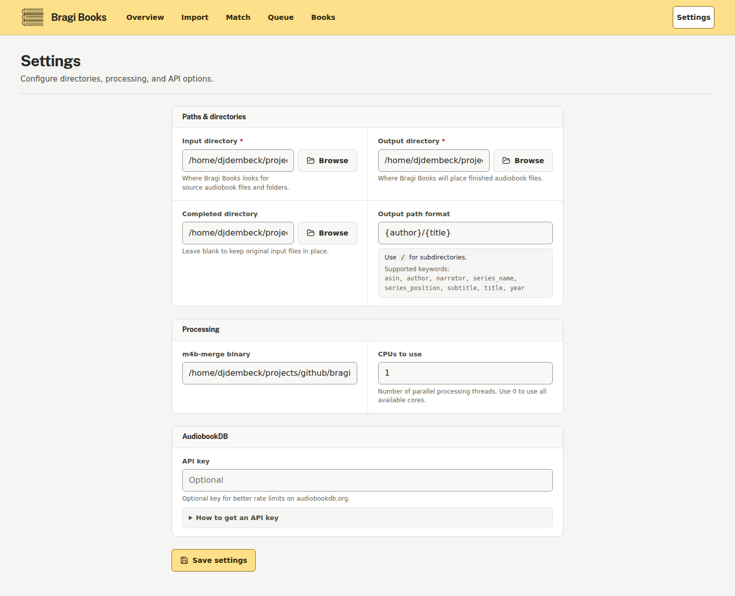 Settings page with runtime configuration