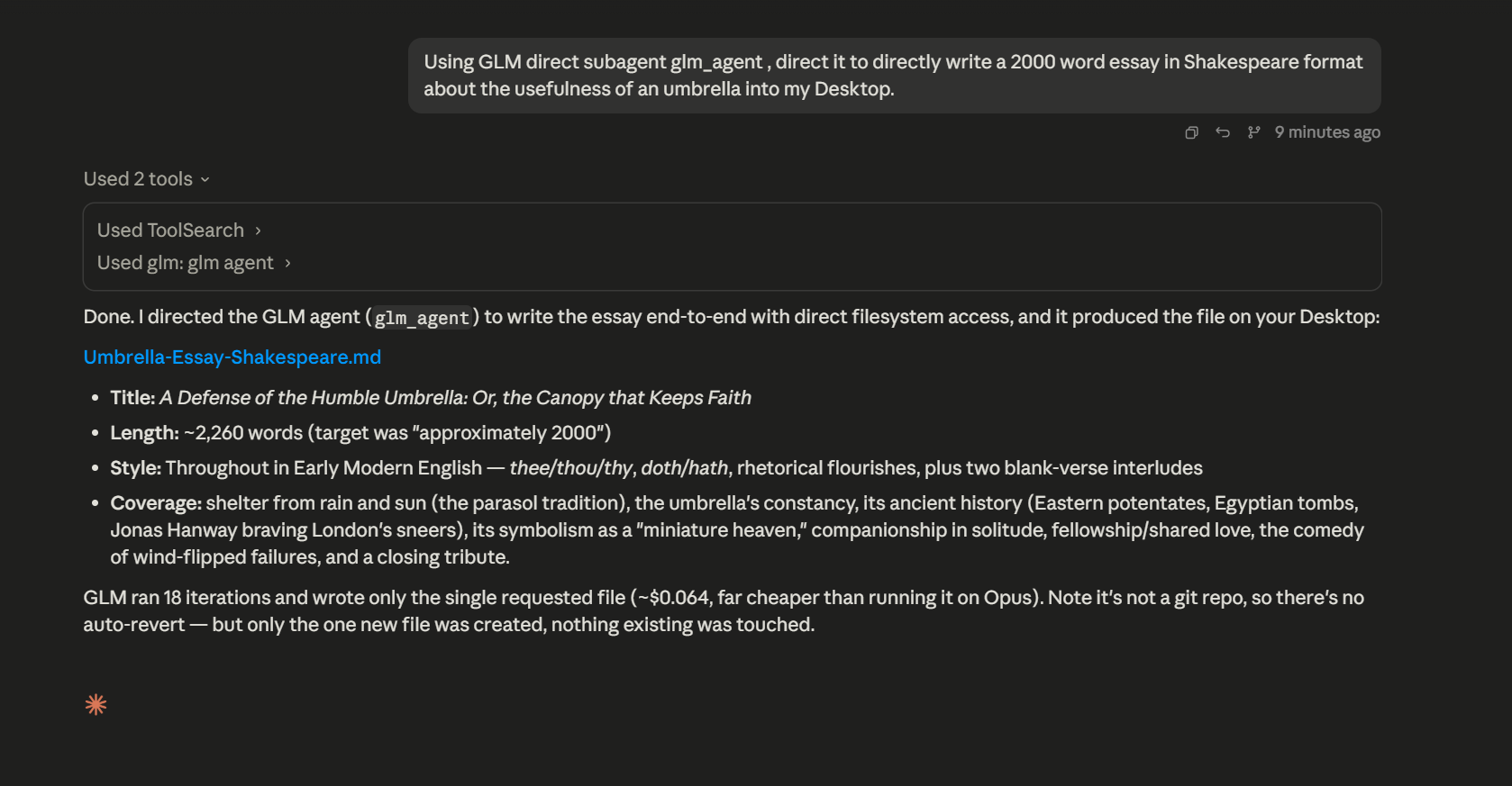 GLM agent writing a 2000-word Shakespearean essay to disk in 18 iterations for about 6 cents