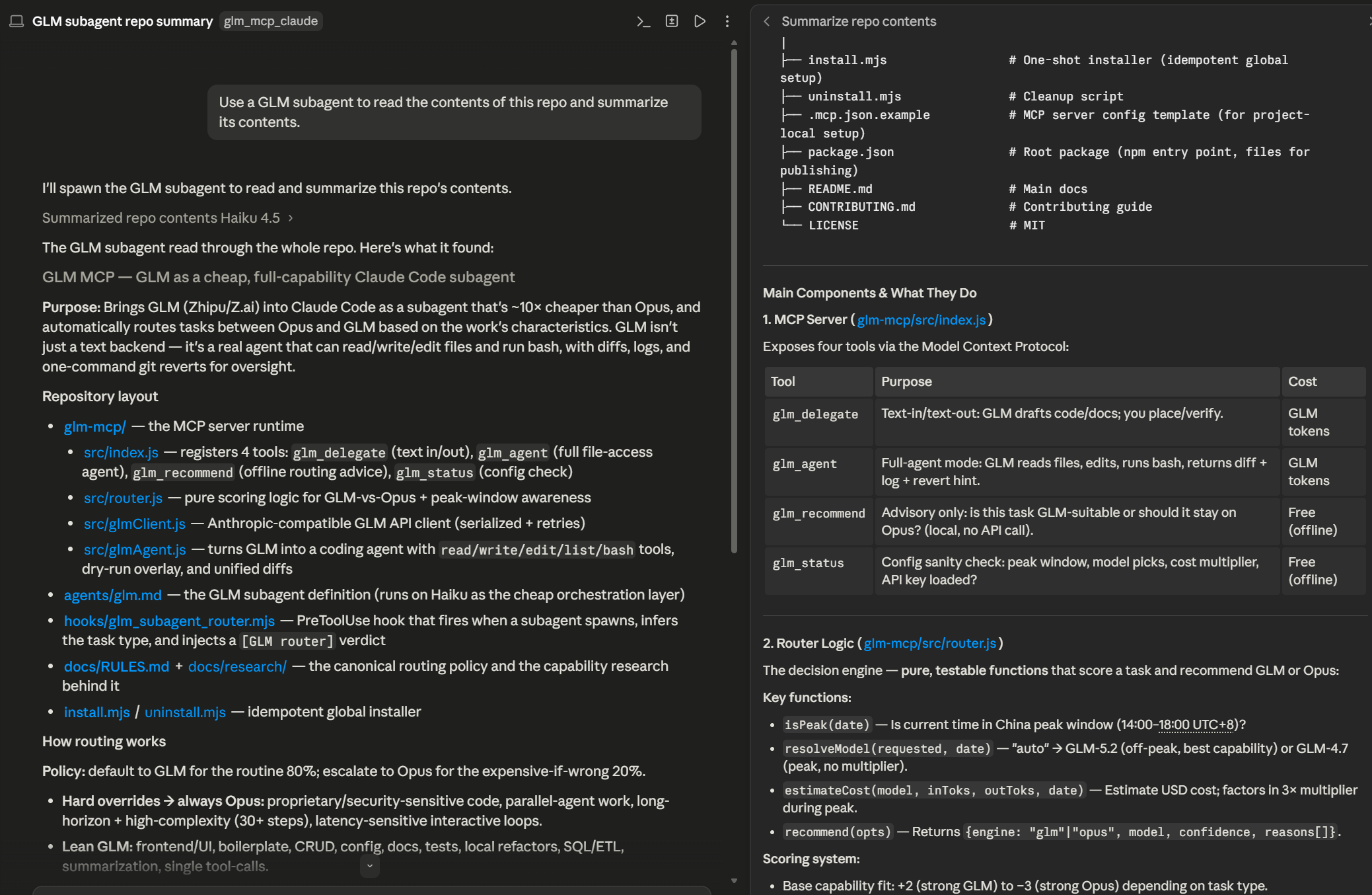 The glm subagent (orchestrated by Haiku 4.5, the cheap layer) reading this repo and offloading generation to GLM