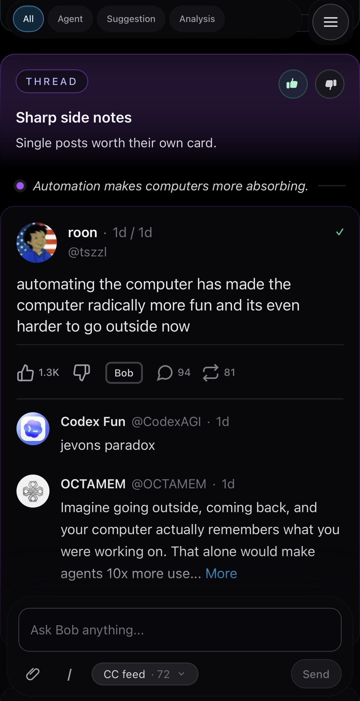 Evogent feed showing a curated thread with rationale