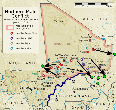 Graphical depiction of population movements in Mali. The background image is courtesy of Orionist (Wikimedia)