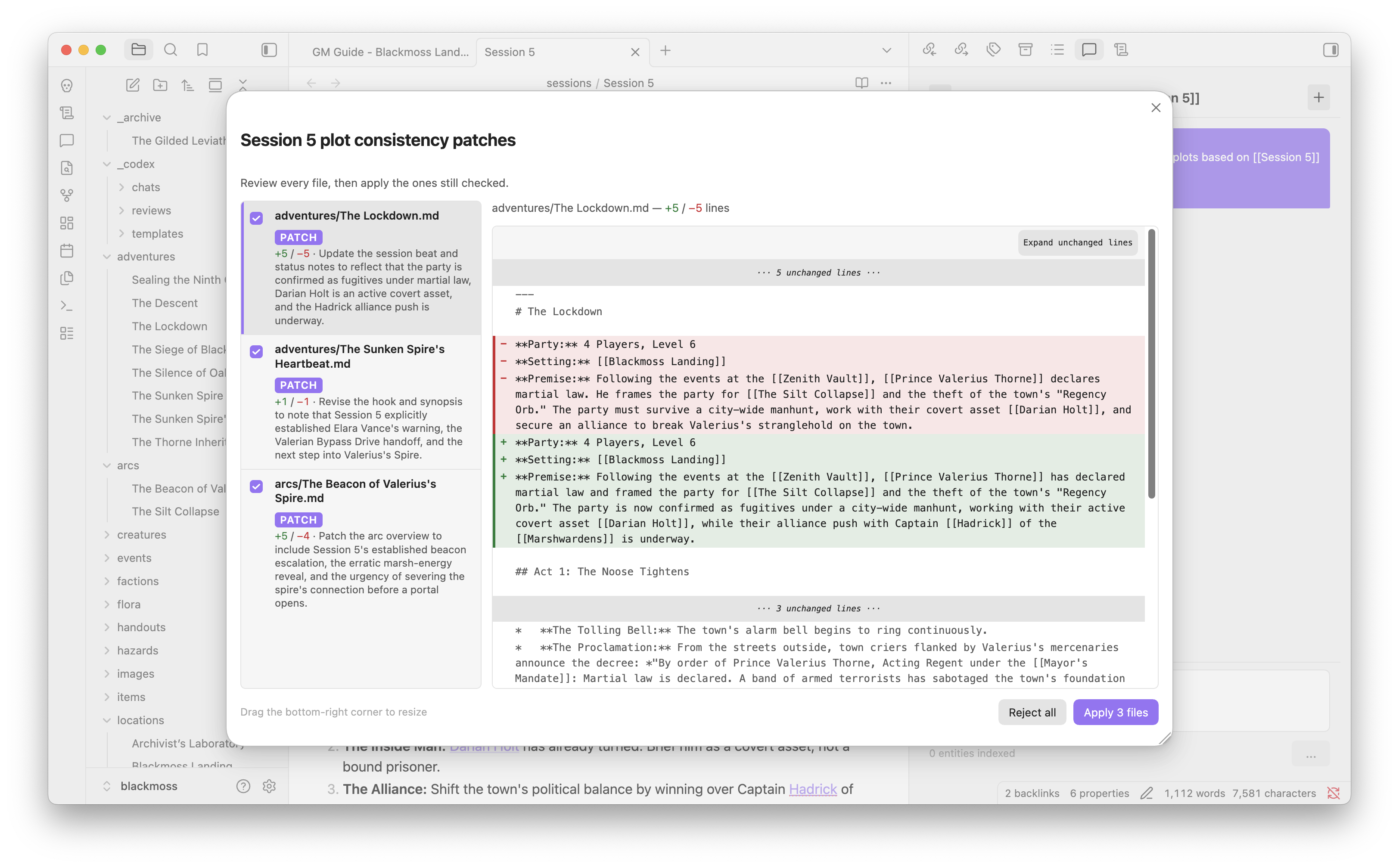 Recipe review: file list and unified diff
