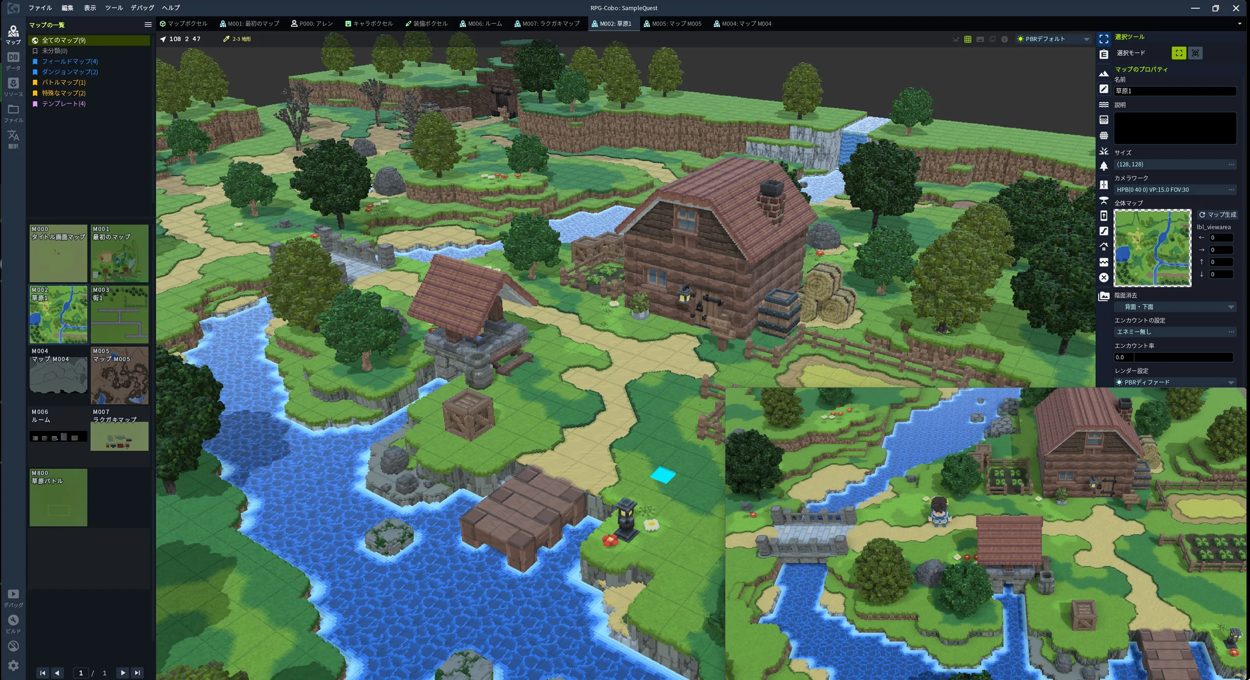 RPG-Cobo editor에서 voxel 지형, 강과 폭포, 건물, 도로, 식생을 배치한 3D RPG 맵을 편집하는 화면입니다.